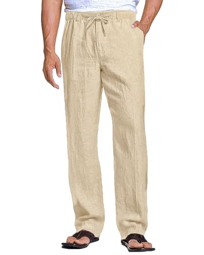 Cegerne Herren Leinenhose mit Kordelzug Leicht Sommerhose Freizeithose Einfarbig Hose Lang Strandhose Urlaub Alltag, L-Khaki, M von Cegerne