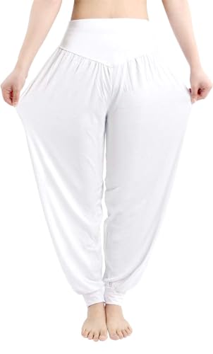 Cegerne Modal Harem Yoga Pilates Tanz Hosen Super Weich Pumphose Spandex Pluderhose Aladinhose, Weiß, 3XL von Cegerne