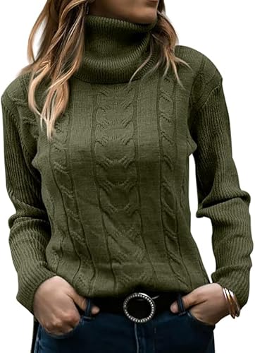 Cegerne Pullover Damen Rollkragenshirt Cable Knit Elegant Langarm Tops Lose Grobstrick Casual Weich Winter Sweater, Armeegrün, S von Cegerne