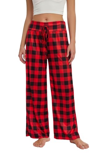 Cegerne Weihnachts Pyjama Damen Schlafanzughose Lang Schlafanzug Pyjamahose Nachtwäsche Karierte Weich Schlafhose mit Kordelzug, Rot Kariert #1, L von Cegerne