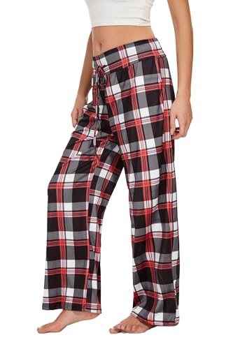 Cegerne Weihnachts Pyjama Damen Schlafanzughose Lang Schlafanzug Pyjamahose Nachtwäsche Karierte Weich Schlafhose mit Kordelzug, Rot Kariert #2, L von Cegerne