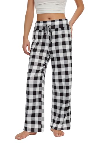 Cegerne Weihnachts Pyjama Damen Schlafanzughose Lang Schlafanzug Pyjamahose Nachtwäsche Karierte Weich Schlafhose mit Kordelzug, Schwarz Kariert #2, L von Cegerne