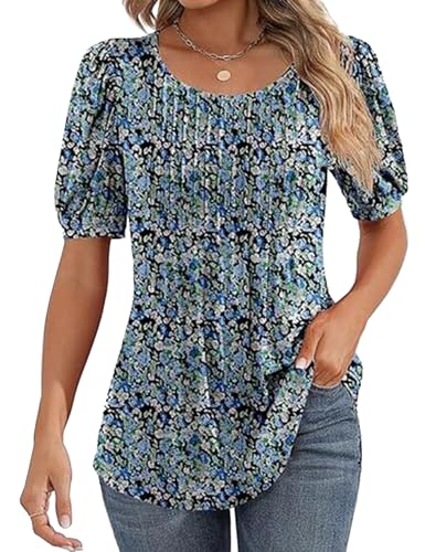 Celadyen Blusenshirt Damen Kurzarm Tunika T-Shirt Sommer Blusen Falten Elegant Longbluse Longshirt Lässig Tuniken Tops Leicht Frauen Sommerbluse Oberteile Locker, Blau Weiß Blumen M von Celadyen