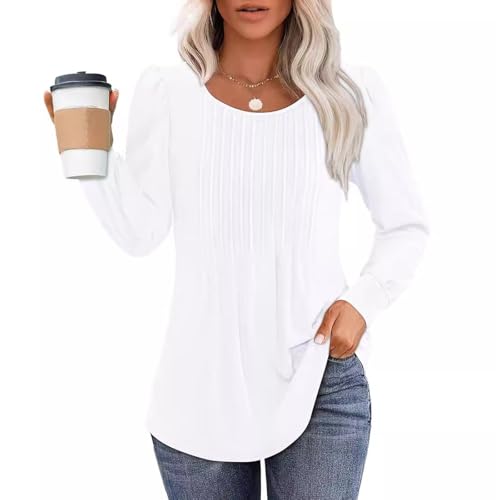 Celadyen Langarmshirt Damen Plissee Rundhals Tunika Lässig Long Sleeve Tshirt Tops Elegant Longshirts Einfarbig Frauen Tuniken Bluse Herbst Casual Oberteile, Weiß XL von Celadyen