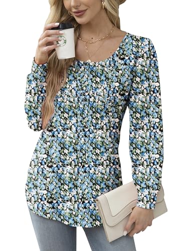 Celadyen Langarmshirt Damen Rundhals Falten Tunika Oberteile Casual Longshirt Leicht Langarm T-Shirts Lässig Bluse Tuniken Shirts Blumendruck Herbst Frühling Elegant Tops, Blau und Weiß L von Celadyen