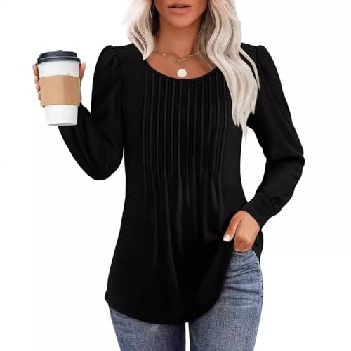 Celadyen Langarmshirt Damen Rundhals Falten Tunika Oberteile Casual Longshirt Leicht Langarm T-Shirts Lässig Bluse Tuniken Shirts Herbst Frühling Elegant Tops, Schwarz L von Celadyen