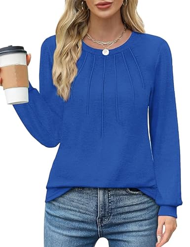 Celadyen Langarmshirt Damen Rundhals Tunika Oberteile Lässig Langarm T-Shirts Plissee Blumendruck Elegant Tuniken Bluse Shirts Herbst Casual Tops, Blau XXL von Celadyen