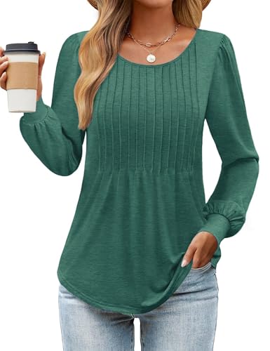 Celadyen Longshirt Damen Langarm Lässig Tuniken Elegant Rundhals Plissee Bluse Tunika Elegant Langarmshirts Oberteile Flowy Locker Long Sleeve Pullover Tops für Frühling Herbst, Grün S von Celadyen