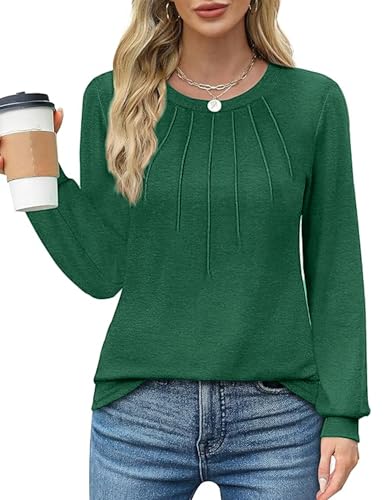 Celadyen Longshirt Damen Langarm T-Shirt Rundhals Pleated Tuniken Leicht Longsleeve Tunika Pullover Oberteile Lässig Einfarbig Elegant Langarmshirts, Grün M von Celadyen