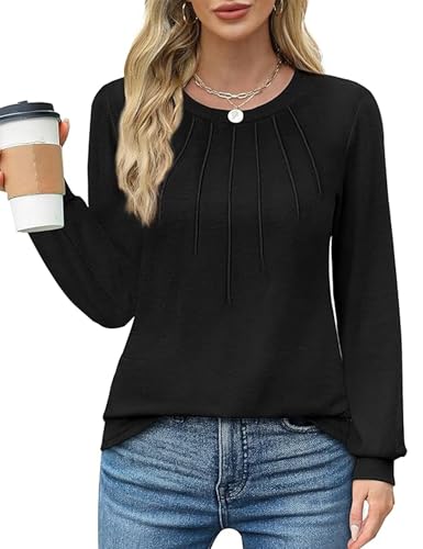 Celadyen Longshirt Damen Langarmshirts Lässig Rundhals Plissee vorne Casual Langarm T-Shirts Elegant Tunika Oberteile Leicht Long Sleeve Pullover Tops für Frühling Herbst, Schwarz S von Celadyen