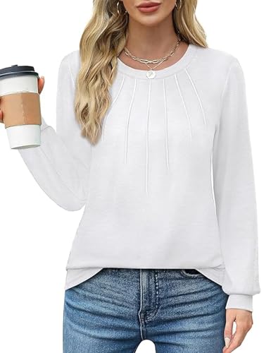 Celadyen Longshirt Damen Langarmshirts Lässig Rundhals Plissee vorne Casual Langarm T-Shirts Elegant Tunika Oberteile Leicht Long Sleeve Pullover Tops für Frühling Herbst, Weiß S von Celadyen