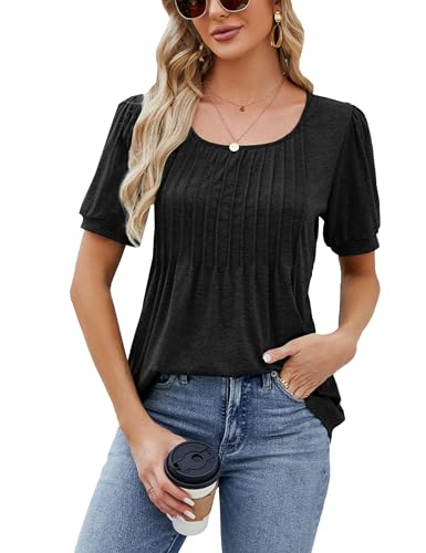 Celadyen T-Shirt Tunika Damen Sommer Blusenshirt Kurzarm Tops Falten Elegant Scoop NeckSommerbluse Lässig Tuniken Shirt Leicht Longbluse Oberteile, Schwarz L von Celadyen