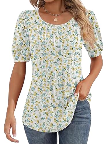 Celadyen T-Shirt Tunika Damen Sommer Blusenshirt Kurzarm Tops Falten Elegant Scoop NeckSommerbluse Lässig Tuniken Shirt Leicht Longbluse Oberteile, Weiß Gelb Blumen L von Celadyen