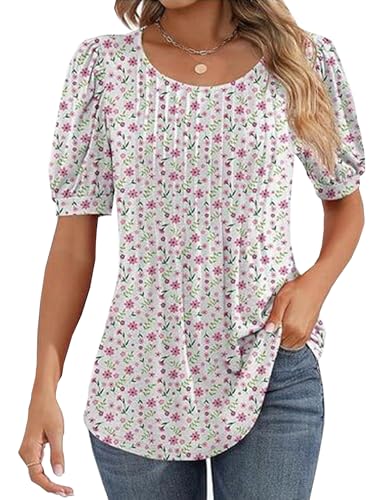 Celadyen Tunika Damen Falten Blusenshirt Scoop Neck Kurzarm Sommerbluse Elegant Tuniken Longbluse Oberteile Shortsleeved Frauen Casual Blusen Tuniken Longshirt, Rosa Weiß Blumen L von Celadyen