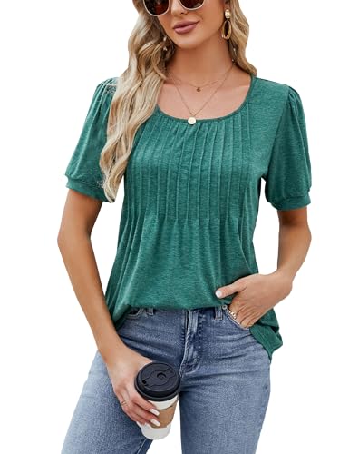 Celadyen Tunika Damen Falten Blusenshirt Scoop Neck Kurzarm Sommerbluse Elegant Tuniken Longbluse Oberteile Shortsleeved Frauen Casual Blusen Tuniken Longshirt Tops Locker, Grün L von Celadyen