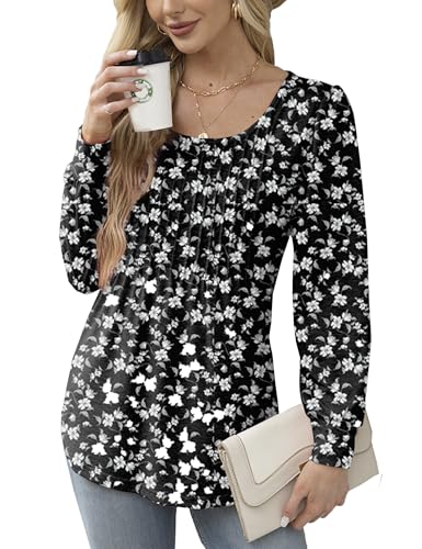 Celadyen Tunika Damen Langarm T-Shirt Rundhals Pleated Tuniken Longshirts Leicht Pullover Bluse Longsleeve Oberteile Lässig Blumendruck Elegant Langarmshirts, Schwarz und Weiß M von Celadyen