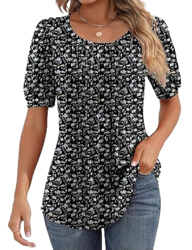 Celadyen Tunika Damen Sommer Bluse Scoop Neck Longshirt Falten Blusenshirt Kurzarm T-Shirts Elegant Sommerblusen Locker Leicht Lang Freizeitbluse Longbluse Oberteile, Schwarz Weiß Blumen S von Celadyen