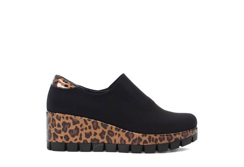 Celal Gültekin Plateau Sneaker Damen Slip-On Schwarz – Keilabsatz Damen Schuhe Keilsneaker Keilabsatz Damen Sneaker mit braunem Leopardenmuster, Trendige Schuhe von Celal Gültekin