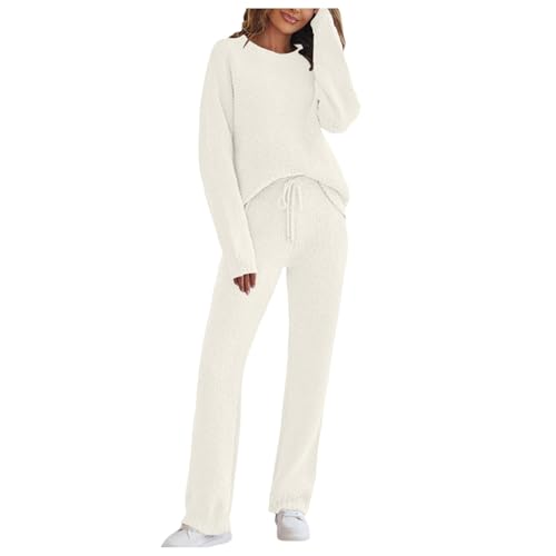 Celanisai Schlafanzug Damen Lang Flauschig Warm Pyjama Set Kuschelig Teddy Fleece Nachtwäsche 2 Teilig Pullover Und Plüschhose Mit Kordelzug Einfarbige Locker Freizeitanuzg Bequeme Loungwear von Celanisai