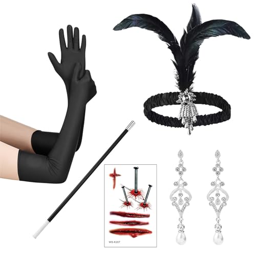 Celawork Halloween 1920er Jahre Accessoires Gatsby Accessoires Damen Halloween Kostümzubehör Inklusive Stirnband Ohrringe Handschuhe Handheld-Requisiten Set von Celawork