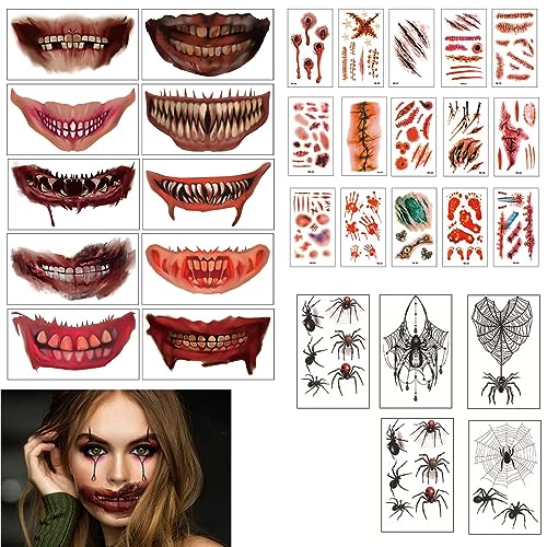 Halloween Mund Tattoo Skull Mund Gesichtsaufkleber Aufkleber Wasserdichte Temporäre Tattoos Mit Narben Tattoo für Horror Halloween (Schwarz) von Celawork