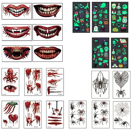 Halloween Mund Tattoo Skull Mund Gesichtsaufkleber Aufkleber Wasserdichte Temporäre Tattoos Mit Narben Tattoo für Horror Halloween (Vielfältig 1) von Celawork