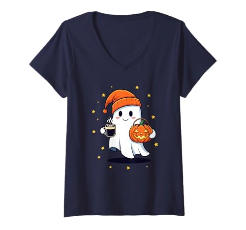 Damen Entzückende Geister-Kaffeeliebhaber gemütliche Herbst-Halloween-Kostüme T-Shirt mit V-Ausschnitt Damen Entzückende Geister-Kaffeeliebhaber gemütliche Herbst-Halloween-Kostüme T-Shirt mit V-Ausschnitt von Celebrate Autumn Spooky Ghost Coffee Lovers Gifts