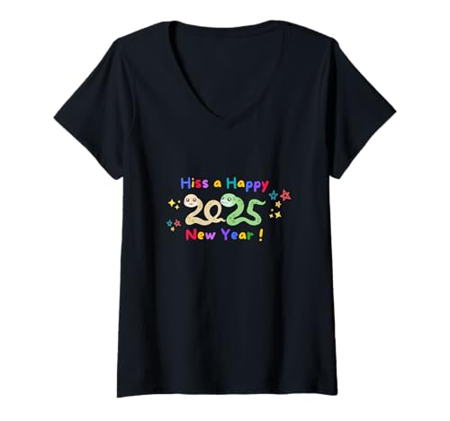 Damen Hiss EIN frohes Neues Jahr 2025, farbenfrohe Feier T-Shirt mit V-Ausschnitt von Celebrate Joyful Vibrant Snake Festive Colors