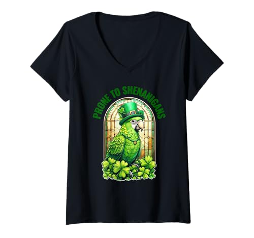 Damen St. Patrick's Day Prone to Shenanigans Bird Sittich T-Shirt mit V-Ausschnitt Damen St. Patrick's Day Prone to Shenanigans Bird Sittich T-Shirt mit V-Ausschnitt von Celebrate St. Patrick's Day Clover Irish Shamrock