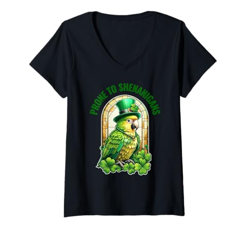Damen St. Patrick's Day Prone to Shenanigans Bird Sittich T-Shirt mit V-Ausschnitt von Celebrate St. Patrick's Day Clover Irish Shamrock