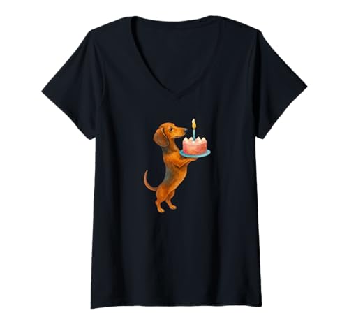 Damen Happy Birthday Kuchen Dackel Welpe Wiener Hund Papa Mama Kinder T-Shirt mit V-Ausschnitt von Celebrate the dachshund dog