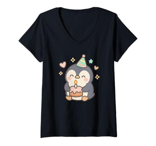 Damen Kawaii Geburtstag Pinguin mit Kuchen - Feier T-Shirt mit V-Ausschnitt von Celebrating Parties with Kawaii Designs