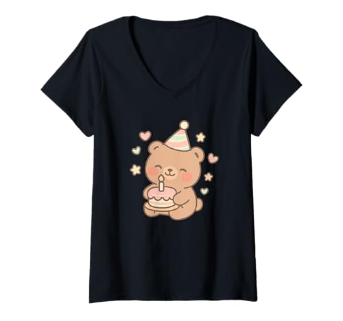 Damen Kawaii Geburtstagsbär mit Kuchen - Feier T-Shirt mit V-Ausschnitt von Celebrating Parties with Kawaii Designs