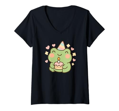 Damen Kawaii Geburtstagsfrosch mit Kuchen - Feier T-Shirt mit V-Ausschnitt von Celebrating Parties with Kawaii Designs