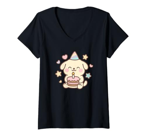 Damen Kawaii Geburtstagshund mit Kuchen - Feier T-Shirt mit V-Ausschnitt von Celebrating Parties with Kawaii Designs