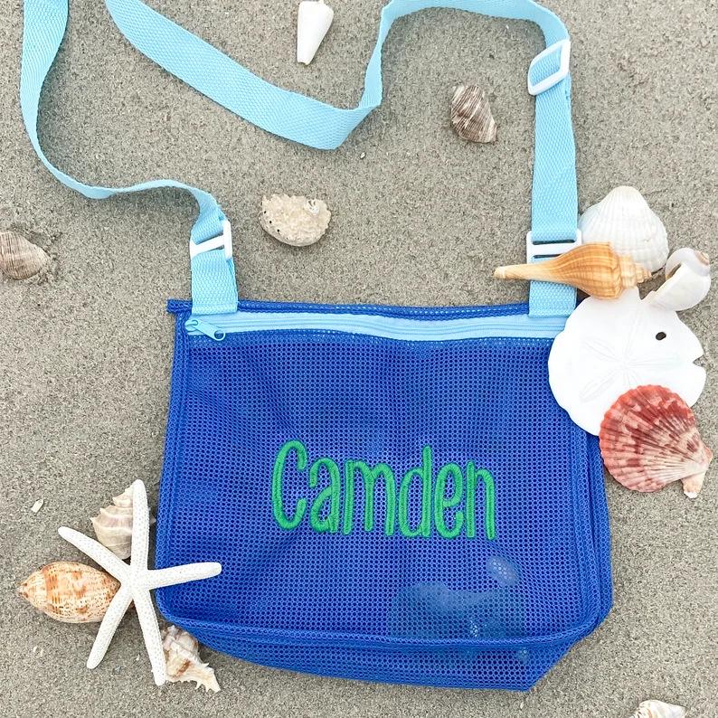 Personalized Embroidered Crab Starfish Shell Collecting Mesh Bag With Name & Adjustable Strap, Kids Beach Bag, Summer Gift, Gift For Personalized Embroidered Crab Starfish Shell Collecting Mesh Bag With Name & Adjustable Strap, Kids Beach Bag, Summer Gift, Gift For von CelestiablCascade