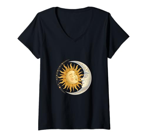 Damen Sonne und Mond Gesicht umarmen kosmische Harmonie Kunst T-Shirt mit V-Ausschnitt Damen Sonne und Mond Gesicht umarmen kosmische Harmonie Kunst T-Shirt mit V-Ausschnitt von Celestial Balance Studio