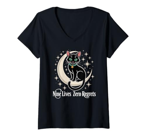 Damen Schwarze Katze Halbmond - Nine Lives Zero Regrets T-Shirt mit V-Ausschnitt Damen Schwarze Katze Halbmond - Nine Lives Zero Regrets T-Shirt mit V-Ausschnitt von Celestial Black Cat Vibes for Mystic Feline Lovers