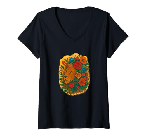 Damen Blumiger Löwe Löwe Sternzeichen Wild Nature Dschungel Bloom Spirit T-Shirt mit V-Ausschnitt Damen Blumiger Löwe Löwe Sternzeichen Wild Nature Dschungel Bloom Spirit T-Shirt mit V-Ausschnitt von Celestial Bloom Co Wild Zodiac
