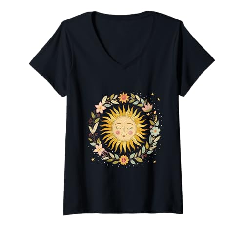 Damen Boho Spiritual Sun Bohemian Floral Cosmic T-Shirt mit V-Ausschnitt Damen Boho Spiritual Sun Bohemian Floral Cosmic T-Shirt mit V-Ausschnitt von Celestial Boho Harmony Co.