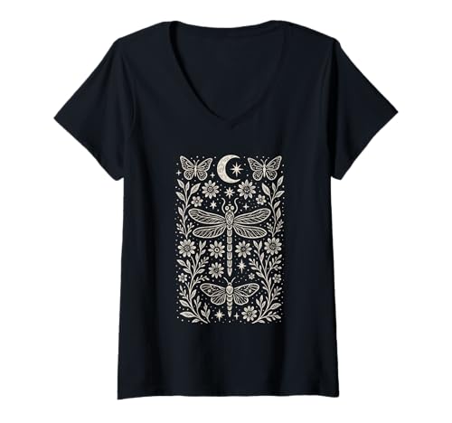 Damen Mystische Libellenmotte Schmetterling himmlische Boho Volkskunst T-Shirt mit V-Ausschnitt Damen Mystische Libellenmotte Schmetterling himmlische Boho Volkskunst T-Shirt mit V-Ausschnitt von Celestial Boho Nature Spirit Boheniam Merch