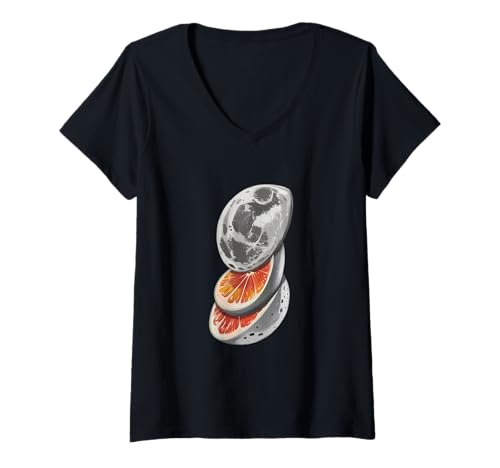 Damen Moon Grapefruitscheibe Cosmic Illusion T-Shirt mit V-Ausschnitt Damen Moon Grapefruitscheibe Cosmic Illusion T-Shirt mit V-Ausschnitt von Celestial Citrus Fusion Lunar Eclipse