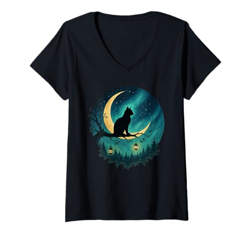 Damen Klassische Mond- und Laternen-Silhouette, Fantasie-Katze T-Shirt mit V-Ausschnitt Damen Klassische Mond- und Laternen-Silhouette, Fantasie-Katze T-Shirt mit V-Ausschnitt von Celestial Feline Forest Crescent Moon Apparel