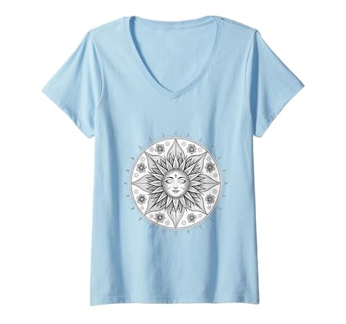 Damen Mandala Sonne Gesicht mit floraler Heiliger Geometrie T-Shirt mit V-Ausschnitt Damen Mandala Sonne Gesicht mit floraler Heiliger Geometrie T-Shirt mit V-Ausschnitt von Celestial Harmony Art