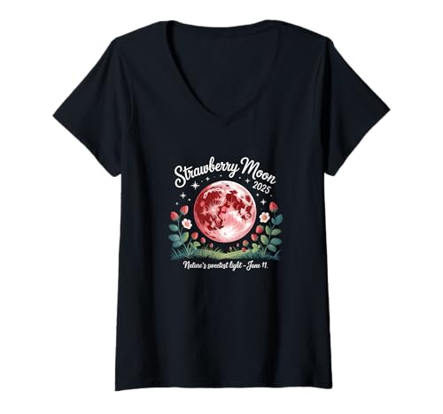 Damen Strawberry Moon 2025 Nature's Sweetest Light 11. Juni T-Shirt mit V-Ausschnitt Damen Strawberry Moon 2025 Nature's Sweetest Light 11. Juni T-Shirt mit V-Ausschnitt von Celestial Moon Gazer