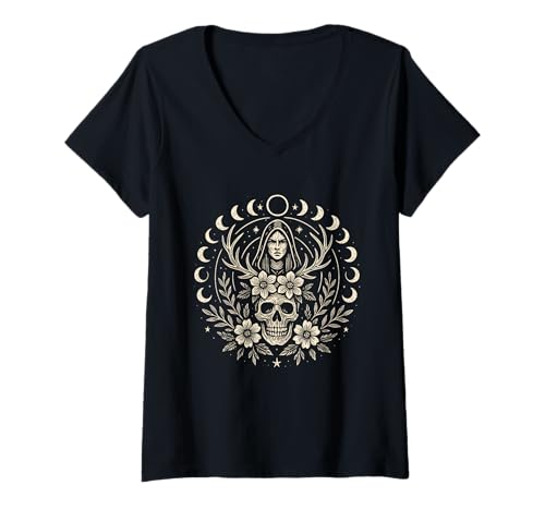 Damen Mystische Mondphasen, Volkskunst, Totenkopf, floraler Bohème-Stil T-Shirt mit V-Ausschnitt Damen Mystische Mondphasen, Volkskunst, Totenkopf, floraler Bohème-Stil T-Shirt mit V-Ausschnitt von Celestial Moon Phases Lunar Folk Art Apparel