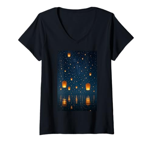 Damen Kunstwerk am Abend des Sky Lanterns Festivals T-Shirt mit V-Ausschnitt Damen Kunstwerk am Abend des Sky Lanterns Festivals T-Shirt mit V-Ausschnitt von Celestial Night