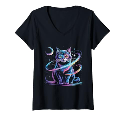Damen Mystical Space Cosmic Cat T-Shirt – Galaxie-Kätzchen-Grafik T-Shirt mit V-Ausschnitt Damen Mystical Space Cosmic Cat T-Shirt – Galaxie-Kätzchen-Grafik T-Shirt mit V-Ausschnitt von Celestial Paws Apparel