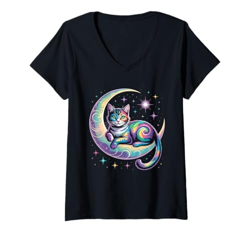 Damen Mystical Space Cosmic Cat T-Shirt – Galaxie-Kätzchen-Grafik T-Shirt mit V-Ausschnitt Damen Mystical Space Cosmic Cat T-Shirt – Galaxie-Kätzchen-Grafik T-Shirt mit V-Ausschnitt von Celestial Paws Apparel