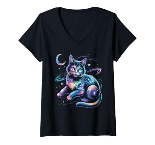 Damen Mystical Space Cosmic Cat T-Shirt – Galaxie-Kätzchen-Grafik T-Shirt mit V-Ausschnitt Damen Mystical Space Cosmic Cat T-Shirt – Galaxie-Kätzchen-Grafik T-Shirt mit V-Ausschnitt von Celestial Paws Apparel